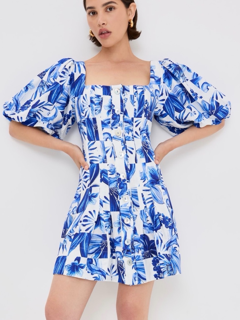 FARM Rio Blue & White Square-Neck Puff-Sleeve Mini Dress
